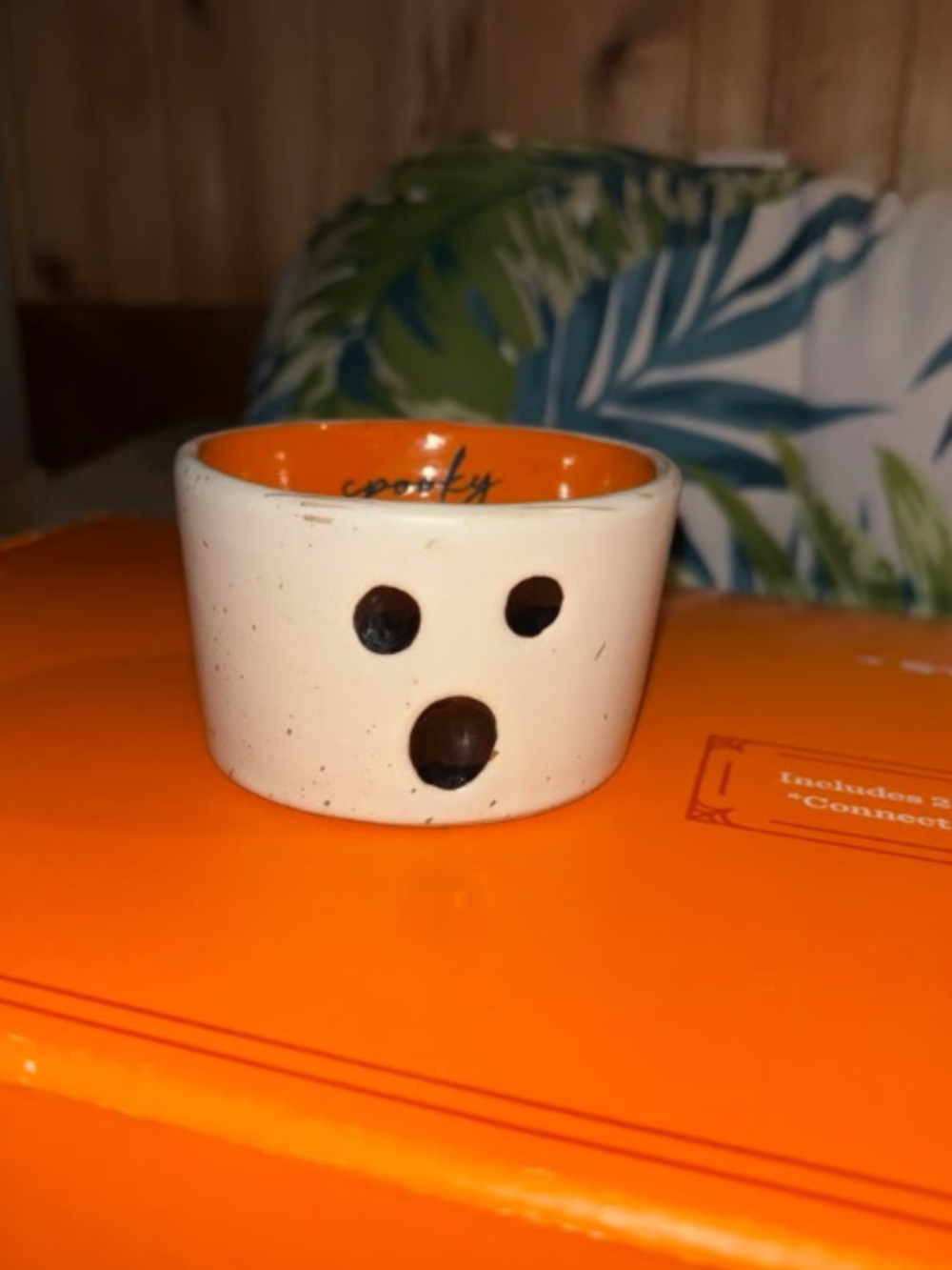 White Ceramic Ghost Dish with Orange Interior